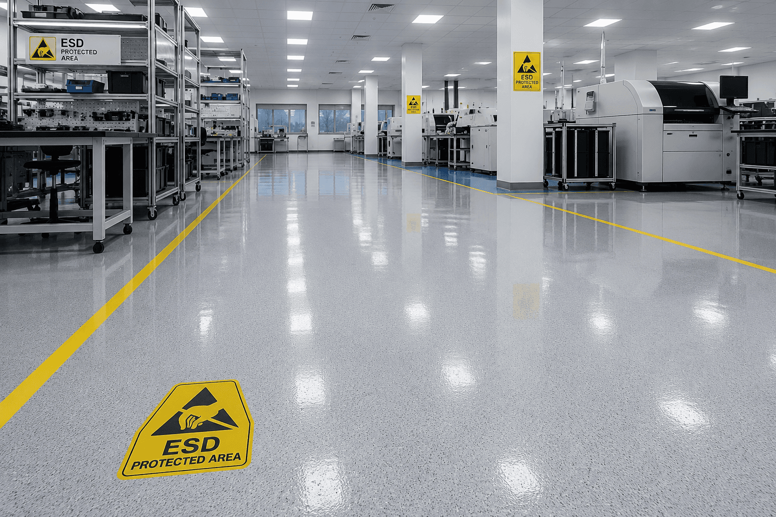 Certified ESD conductive epoxy flooring installation in cleanroom facility